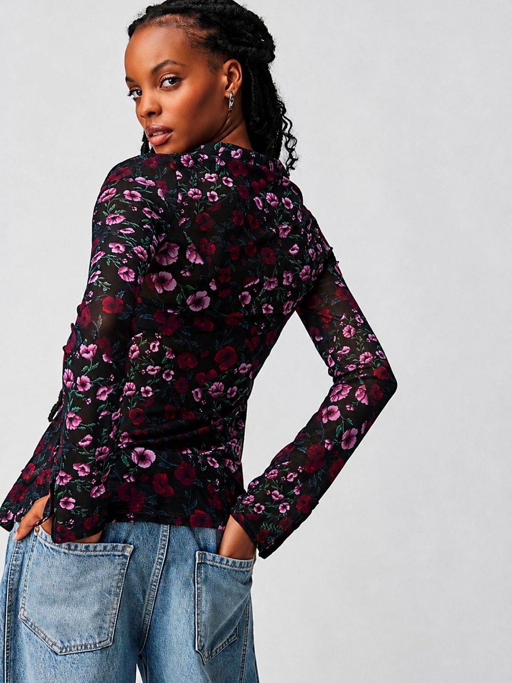 Free People Lucky Shirtee Black Bloom Floral Mesh Ruched Button Front M - Picture 4 of 14